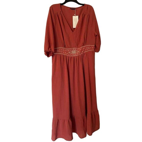 NWT Rust Colored Embroidered Lantern Sleeve Pocket Flutter Hem Dress Size 18-20 - Picture 1 of 4